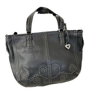 Brighton Soft Pebble Leather Heart Swirl Stitched Zipper Tote Shoulder Bag Black